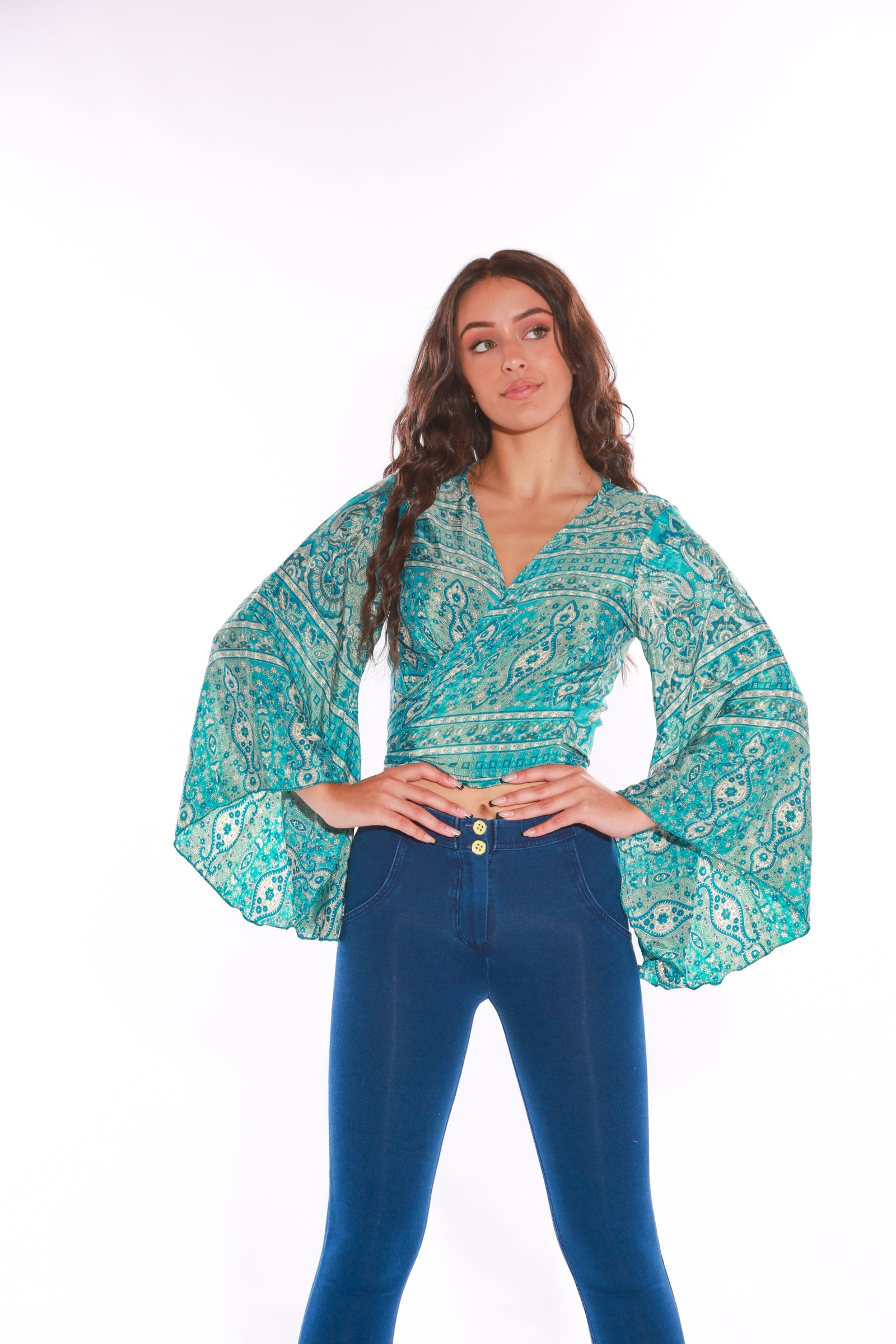 Long sleeve Wrap top - Freesize- blue