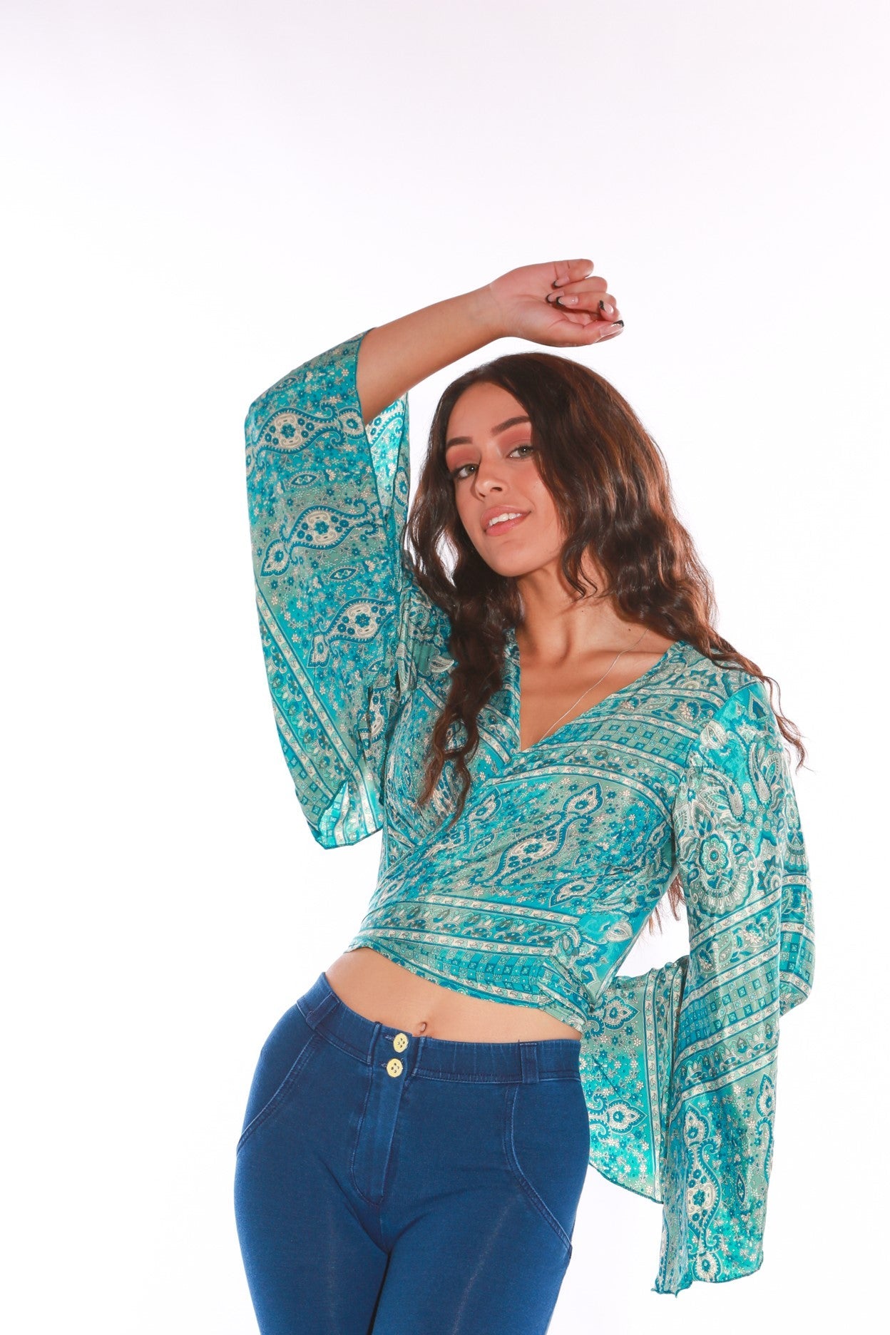 Long sleeve Wrap top - Freesize- blue