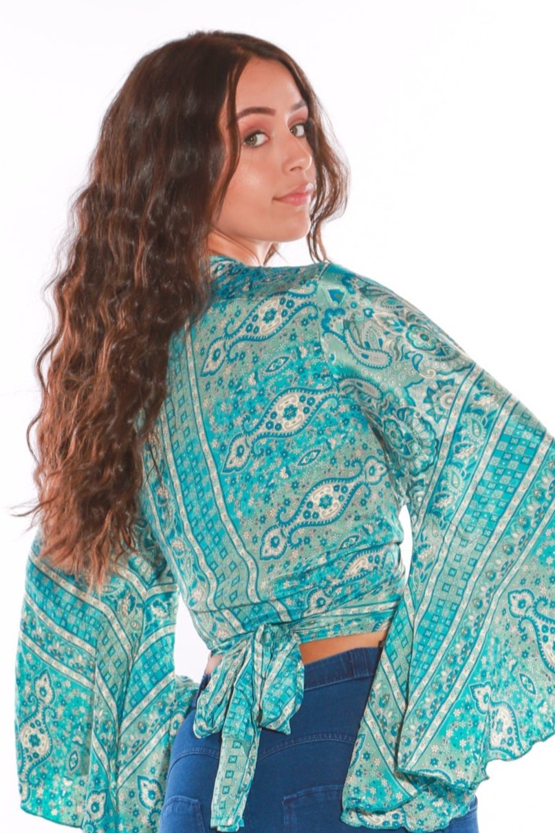 Image of Long sleeve Wrap top - Freesize- blue