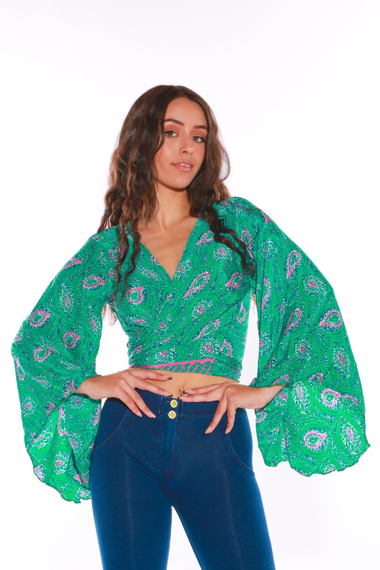 Long sleeve Wrap top - Freesize- green