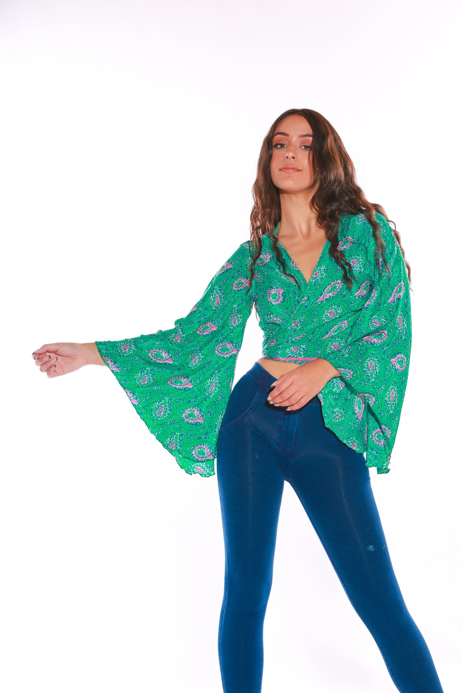 Long sleeve Wrap top - Freesize- green