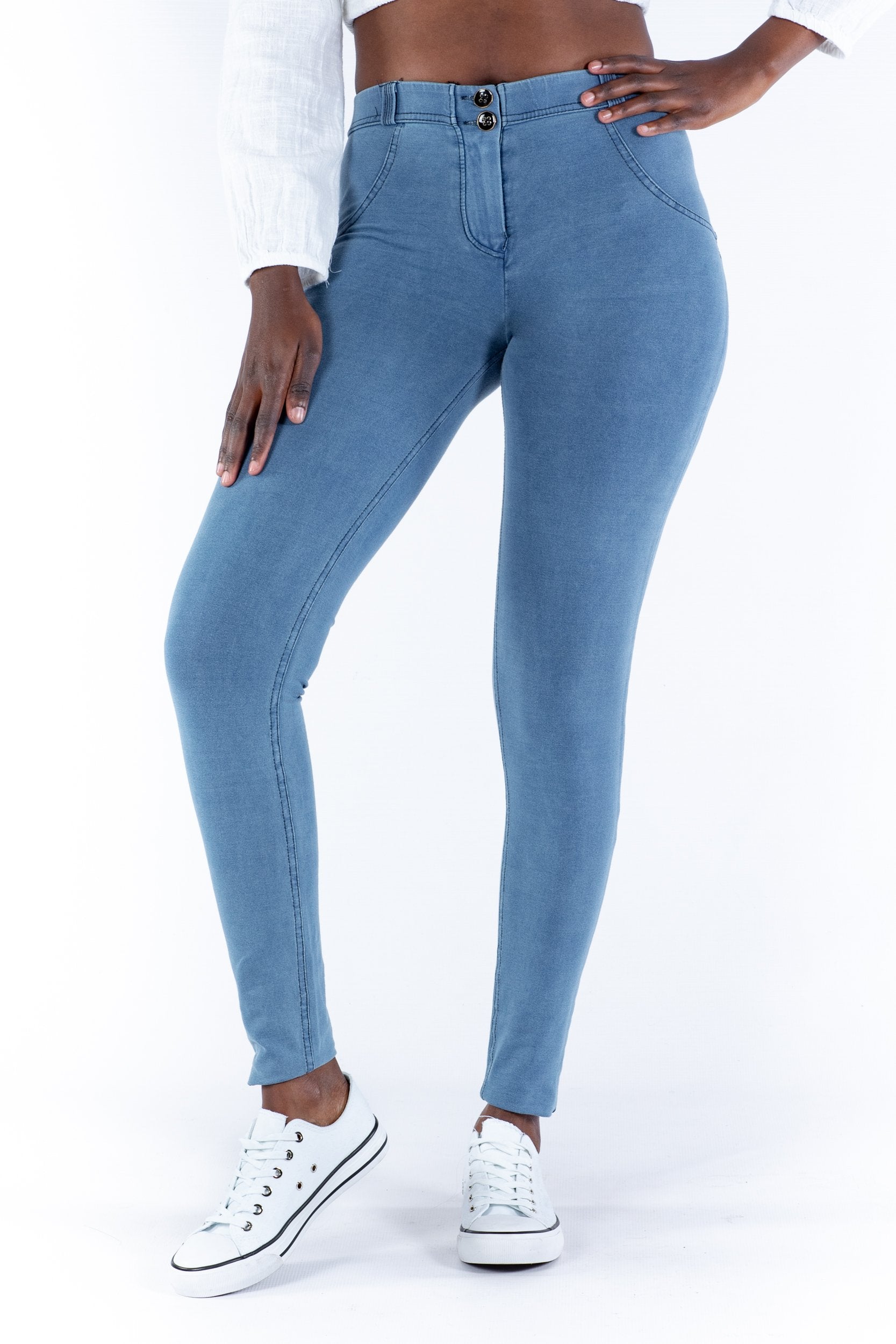 Image of Mid waist Butt lifting Shaping pants Jeggings -light Blue
