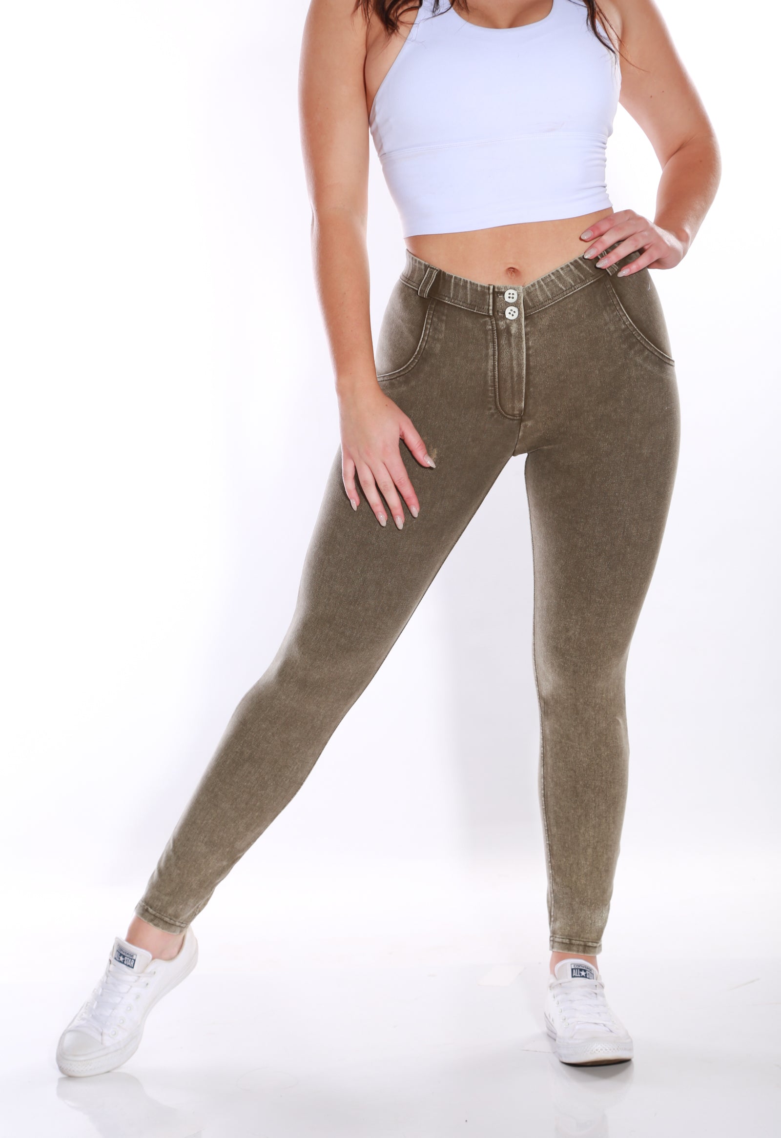 Image of Mid waist Butt lifting Shaping Jeans/Jeggings -  Olive stone