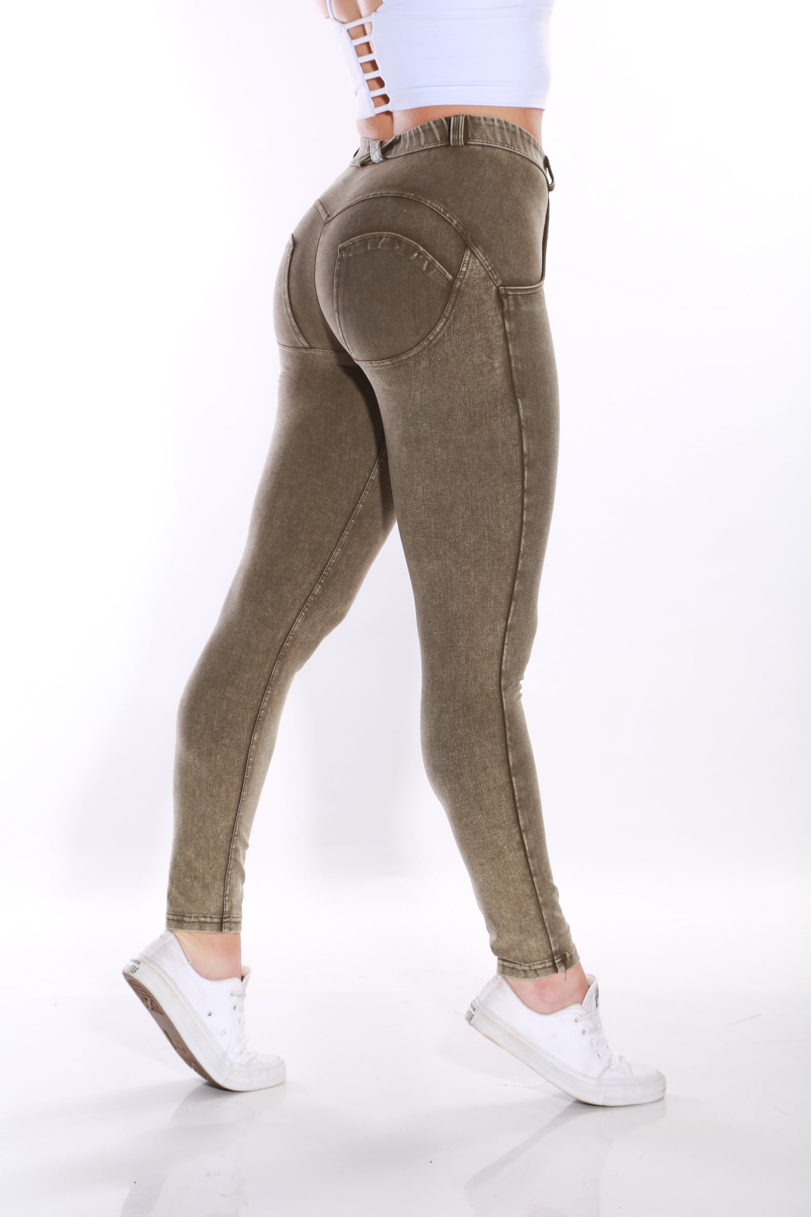 Image of Mid waist Butt lifting Shaping Jeans/Jeggings -  Olive stone